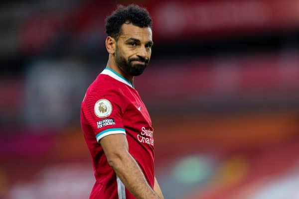 LIVERPOOL, ENGLAND - Saturday, September 12, 2020: Liverpool’s Mohamed Salah during the opening FA Premier League match between Liverpool FC and Leeds United FC at Anfield. The game was played behind closed doors due to the UK government’s social distancing laws during the Coronavirus COVID-19 Pandemic. Liverpool won 4-3. (Pic by David Rawcliffe/Propaganda)