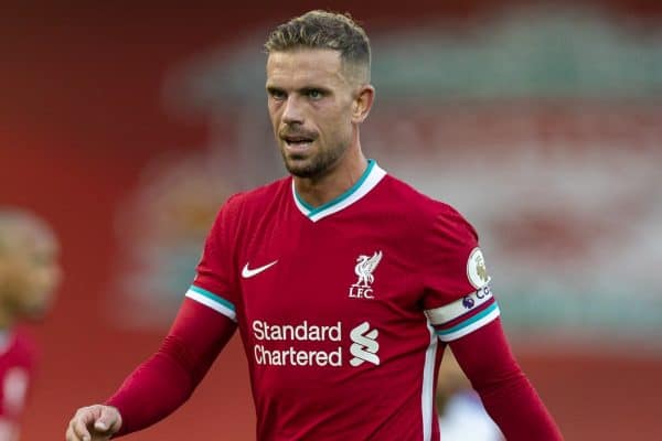 LIVERPOOL, ENGLAND - Saturday, September 12, 2020: Liverpool’s captain Jordan Henderson during the opening FA Premier League match between Liverpool FC and Leeds United FC at Anfield. The game was played behind closed doors due to the UK government’s social distancing laws during the Coronavirus COVID-19 Pandemic. Liverpool won 4-3. (Pic by David Rawcliffe/Propaganda)