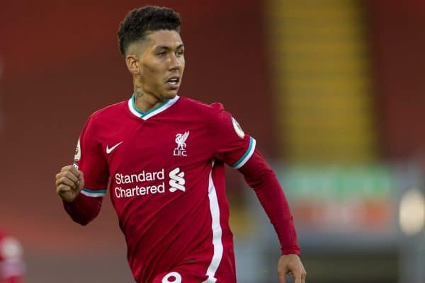 LIVERPOOL, ENGLAND - Saturday, September 12, 2020: Liverpool’s Roberto Firmino during the opening FA Premier League match between Liverpool FC and Leeds United FC at Anfield. The game was played behind closed doors due to the UK government’s social distancing laws during the Coronavirus COVID-19 Pandemic. Liverpool won 4-3. (Pic by David Rawcliffe/Propaganda)