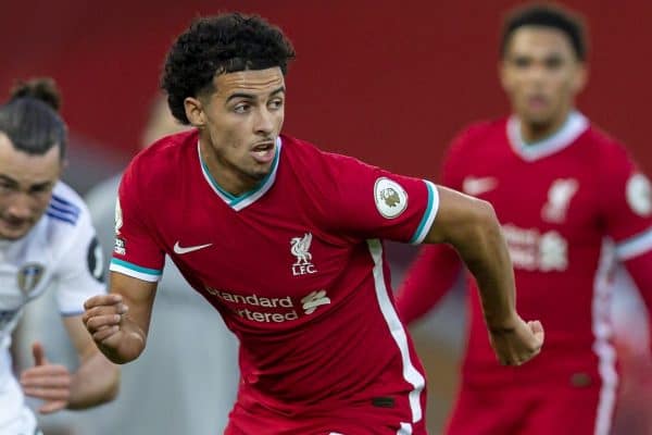 LIVERPOOL, ENGLAND - Saturday, September 12, 2020: Liverpool’s Curtis Jones during the opening FA Premier League match between Liverpool FC and Leeds United FC at Anfield. The game was played behind closed doors due to the UK government’s social distancing laws during the Coronavirus COVID-19 Pandemic. Liverpool won 4-3. (Pic by David Rawcliffe/Propaganda)