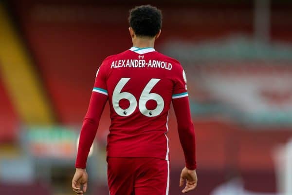 LIVERPOOL, ENGLAND - Saturday, September 12, 2020: Liverpool’s Trent Alexander-Arnold, wearing the number 66, during the opening FA Premier League match between Liverpool FC and Leeds United FC at Anfield. The game was played behind closed doors due to the UK government’s social distancing laws during the Coronavirus COVID-19 Pandemic. Liverpool won 4-3. (Pic by David Rawcliffe/Propaganda)