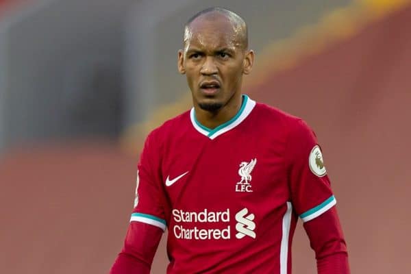 LIVERPOOL, ENGLAND - Saturday, September 12, 2020: Liverpool’s Fabio Henrique Tavares 'Fabinho' during the opening FA Premier League match between Liverpool FC and Leeds United FC at Anfield. The game was played behind closed doors due to the UK government’s social distancing laws during the Coronavirus COVID-19 Pandemic. Liverpool won 4-3. (Pic by David Rawcliffe/Propaganda)