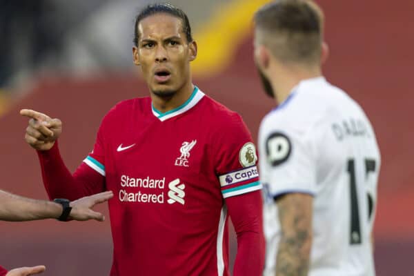 LIVERPOOL, ENGLAND - Saturday, September 12, 2020: Liverpool’s Virgil van Dijk disputes a disallowed goal with referee Michael Oliver (L) during the opening FA Premier League match between Liverpool FC and Leeds United FC at Anfield. The game was played behind closed doors due to the UK government’s social distancing laws during the Coronavirus COVID-19 Pandemic. Liverpool won 4-3. (Pic by David Rawcliffe/Propaganda)