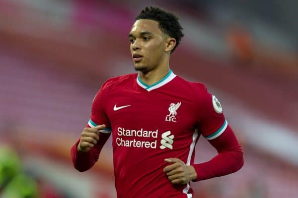 LIVERPOOL, ENGLAND - Saturday, September 12, 2020: Liverpool’s Trent Alexander-Arnold during the opening FA Premier League match between Liverpool FC and Leeds United FC at Anfield. The game was played behind closed doors due to the UK government’s social distancing laws during the Coronavirus COVID-19 Pandemic. Liverpool won 4-3. (Pic by David Rawcliffe/Propaganda)