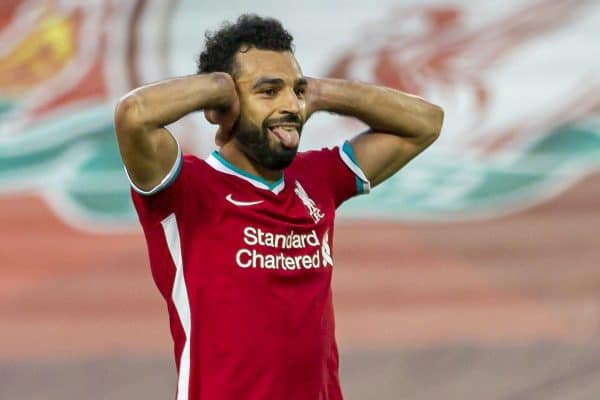 LIVERPOOL, ENGLAND - Saturday, September 12, 2020: Liverpool’s Mohamed Salah celebrates after scoring the winning fourth goal, his hat-trick, from a penalty-kick to make the score 4-3 during the opening FA Premier League match between Liverpool FC and Leeds United FC at Anfield. The game was played behind closed doors due to the UK government’s social distancing laws during the Coronavirus COVID-19 Pandemic. Liverpool won 4-3. (Pic by David Rawcliffe/Propaganda)