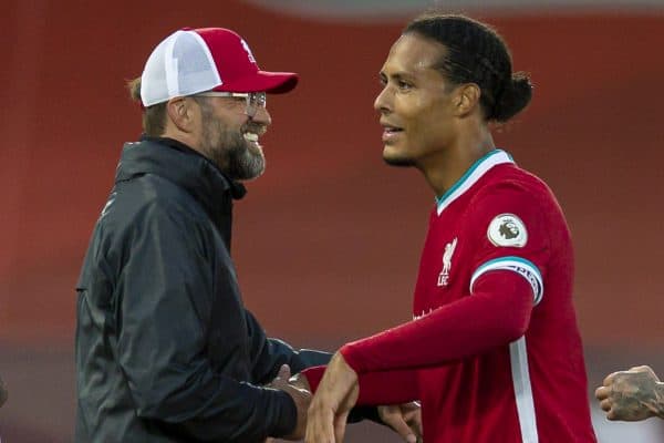 LIVERPOOL, ENGLAND - Saturday, September 12, 2020: Liverpool’s manager Jürgen Klopp with Virgil van Dijk after the opening FA Premier League match between Liverpool FC and Leeds United FC at Anfield. The game was played behind closed doors due to the UK government’s social distancing laws during the Coronavirus COVID-19 Pandemic. Liverpool won 4-3. (Pic by David Rawcliffe/Propaganda)