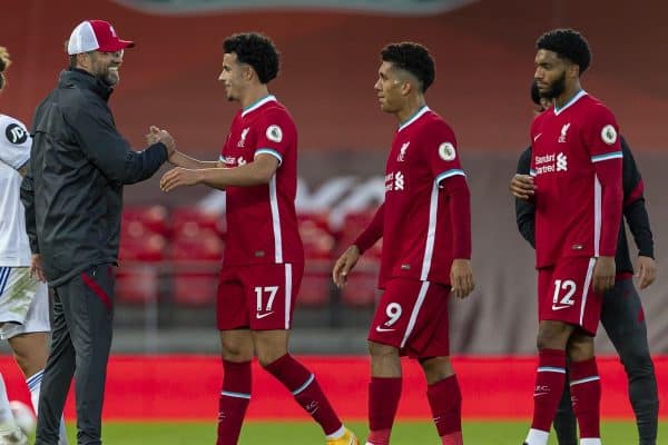 LIVERPOOL, ENGLAND - Saturday, September 12, 2020: Liverpool’s manager Jürgen Klopp with Curtis Jones after the opening FA Premier League match between Liverpool FC and Leeds United FC at Anfield. The game was played behind closed doors due to the UK government’s social distancing laws during the Coronavirus COVID-19 Pandemic. Liverpool won 4-3. (Pic by David Rawcliffe/Propaganda)