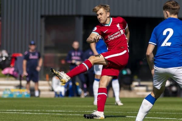 KIRKBY, ENGLAND - Sunday, September 13, 2020: Liverpool's Jake Cain scores the only goal of the game during the Premier League 2 Division 1 match between Liverpool FC Under-23's and Everton FC Under-23's at the Liverpool Academy. Liverpool won 1-0. (Pic by David Rawcliffe/Propaganda)