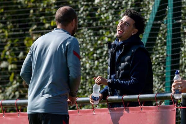 KIRKBY, ENGLAND - Sunday, September 13, 2020: Liverpool's Curtis Jones chats with Under-23 coach Barry Lewtas during the Premier League 2 Division 1 match between Liverpool FC Under-23's and Everton FC Under-23's at the Liverpool Academy. Liverpool won 1-0. (Pic by David Rawcliffe/Propaganda)