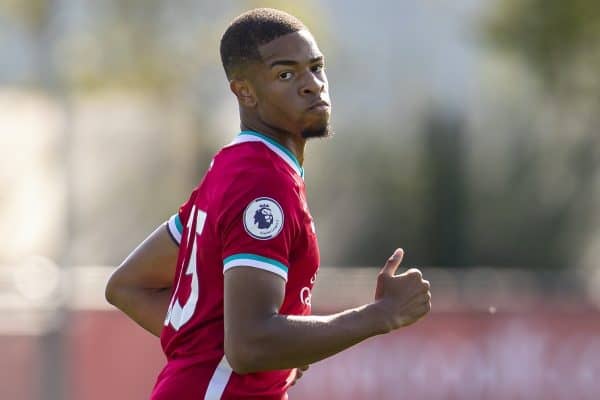 KIRKBY, ENGLAND - Sunday, September 13, 2020: Liverpool's substitute Elijah Dixon-Bonner during the Premier League 2 Division 1 match between Liverpool FC Under-23's and Everton FC Under-23's at the Liverpool Academy. Liverpool won 1-0. (Pic by David Rawcliffe/Propaganda)