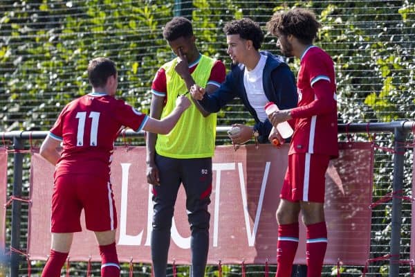 KIRKBY, ENGLAND - Sunday, September 13, 2020: Liverpool's Curtis Jones (C) chats with Liam Millar (L) and Remi Savage (R) during the Premier League 2 Division 1 match between Liverpool FC Under-23's and Everton FC Under-23's at the Liverpool Academy. Liverpool won 1-0. (Pic by David Rawcliffe/Propaganda)