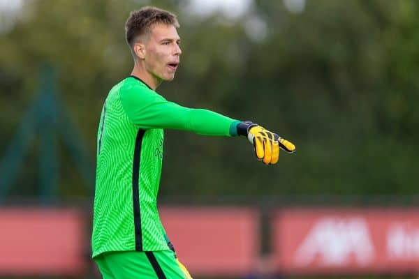 LIVERPOOL, ENGLAND - Saturday, February 22, 2020: Liverpool's goalkeeper Jakub Ojrzynski during the Under-18 FA Premier League match between Liverpool FC and Stoke City FC at the Liverpool Academy. Liverpool won 5-0. (Pic by David Rawcliffe/Propaganda)