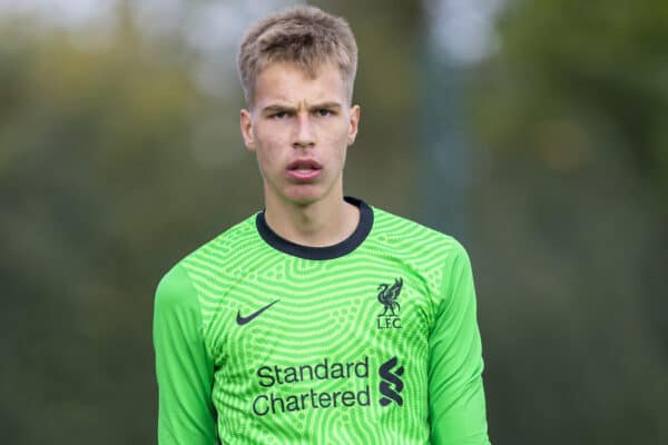 LIVERPOOL, ENGLAND - Saturday, February 22, 2020: Liverpool's goalkeeper Jakub Ojrzynski during the Under-18 FA Premier League match between Liverpool FC and Stoke City FC at the Liverpool Academy. Liverpool won 5-0. (Pic by David Rawcliffe/Propaganda)