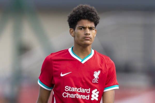 LIVERPOOL, ENGLAND - Saturday, February 22, 2020: Liverpool's Jarell Quansah during the Under-18 FA Premier League match between Liverpool FC and Stoke City FC at the Liverpool Academy. Liverpool won 5-0. (Pic by David Rawcliffe/Propaganda)