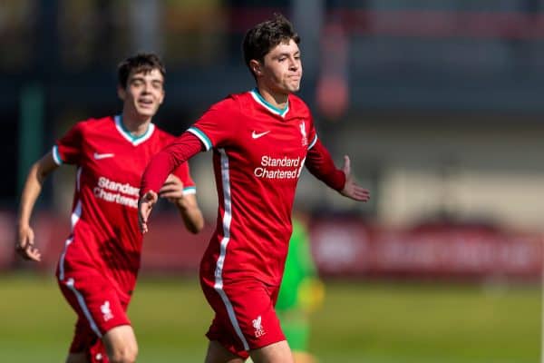 LIVERPOOL, ENGLAND - Saturday, February 22, 2020: Liverpool's Layton Stewart celebrates scoring the fourth goal, his hat-trick, to put his side 4-0 up during the Under-18 FA Premier League match between Liverpool FC and Stoke City FC at the Liverpool Academy. Liverpool won 5-0. (Pic by David Rawcliffe/Propaganda)