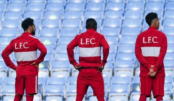 LONDON, ENGLAND - Sunday, September 20, 2020: Liverpool players line-up wearing anthem jackets with L.F.C. on the back before the FA Premier League match between Chelsea FC and Liverpool FC at Stamford Bridge. The game was played behind closed doors due to the UK government’s social distancing laws during the Coronavirus COVID-19 Pandemic. Liverpool won 2-0. (Pic by Propaganda)