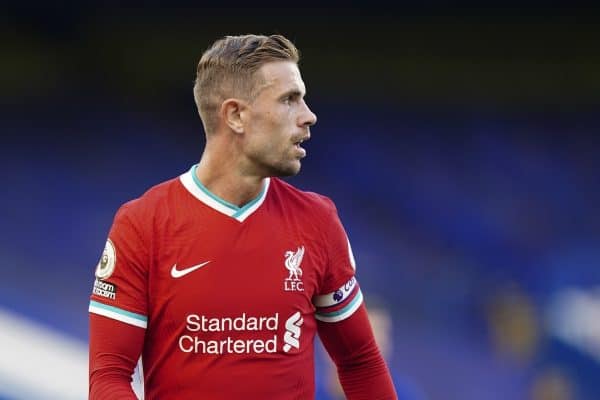 LONDON, ENGLAND - Sunday, September 20, 2020: Liverpool’s captain Jordan Henderson during the FA Premier League match between Chelsea FC and Liverpool FC at Stamford Bridge. The game was played behind closed doors due to the UK government’s social distancing laws during the Coronavirus COVID-19 Pandemic. Liverpool won 2-0. (Pic by Propaganda)