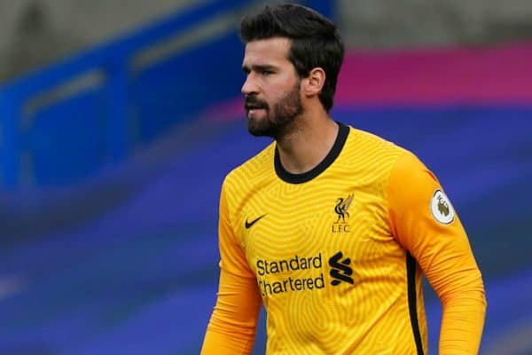 LONDON, ENGLAND - Sunday, September 20, 2020: Liverpool’s goalkeeper Alisson Becker during the FA Premier League match between Chelsea FC and Liverpool FC at Stamford Bridge. The game was played behind closed doors due to the UK government’s social distancing laws during the Coronavirus COVID-19 Pandemic. Liverpool won 2-0. (Pic by Propaganda)