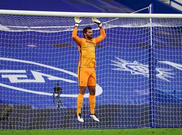 LONDON, ENGLAND - Sunday, September 20, 2020: Liverpool’s goalkeeper Alisson Becker prepares to face a penalty kick during the FA Premier League match between Chelsea FC and Liverpool FC at Stamford Bridge. The game was played behind closed doors due to the UK government’s social distancing laws during the Coronavirus COVID-19 Pandemic. Liverpool won 2-0. (Pic by Propaganda)