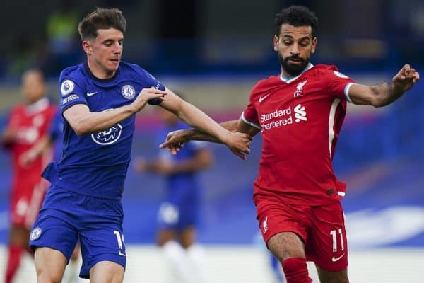 LONDON, ENGLAND - Sunday, September 20, 2020: Liverpool’s Mohamed Salah (R) and Chelsea's Mason Mount (L) during the FA Premier League match between Chelsea FC and Liverpool FC at Stamford Bridge. The game was played behind closed doors due to the UK government’s social distancing laws during the Coronavirus COVID-19 Pandemic. Liverpool won 2-0. (Pic by Propaganda)