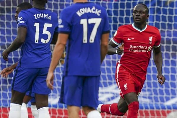 LONDON, ENGLAND - Sunday, September 20, 2020: Liverpool's Sadio Mané celebrates after scoring the first goal with a header during the FA Premier League match between Chelsea FC and Liverpool FC at Stamford Bridge. The game was played behind closed doors due to the UK government’s social distancing laws during the Coronavirus COVID-19 Pandemic. Liverpool won 2-0. (Pic by Propaganda)