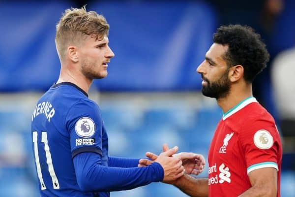 LONDON, ENGLAND - Sunday, September 20, 2020: Liverpool’s Mohamed Salah (R) shakes hands with Chelsea's Timo Werner after the FA Premier League match between Chelsea FC and Liverpool FC at Stamford Bridge. The game was played behind closed doors due to the UK government’s social distancing laws during the Coronavirus COVID-19 Pandemic. (Pic by Propaganda)