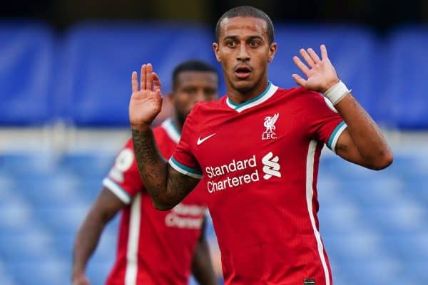 LONDON, ENGLAND - Sunday, September 20, 2020: Liverpool’s Thiago Alcantara, makes his debut as a substitute, during the FA Premier League match between Chelsea FC and Liverpool FC at Stamford Bridge. The game was played behind closed doors due to the UK government’s social distancing laws during the Coronavirus COVID-19 Pandemic. Liverpool won 2-0. (Pic by Propaganda)