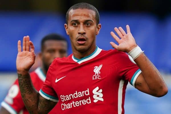 LONDON, ENGLAND - Sunday, September 20, 2020: Liverpool’s Thiago Alcantara, makes his debut as a substitute, during the FA Premier League match between Chelsea FC and Liverpool FC at Stamford Bridge. The game was played behind closed doors due to the UK government’s social distancing laws during the Coronavirus COVID-19 Pandemic. Liverpool won 2-0. (Pic by Propaganda)