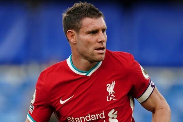 LONDON, ENGLAND - Sunday, September 20, 2020: Liverpool’s James Milner during the FA Premier League match between Chelsea FC and Liverpool FC at Stamford Bridge. The game was played behind closed doors due to the UK government’s social distancing laws during the Coronavirus COVID-19 Pandemic. Liverpool won 2-0. (Pic by Propaganda)