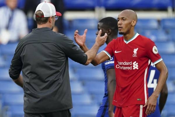 LONDON, ENGLAND - Sunday, September 20, 2020: Liverpool’s Fabio Henrique Tavares 'Fabinho' (R) shakes hands with manager Jürgen Klopp after the FA Premier League match between Chelsea FC and Liverpool FC at Stamford Bridge. The game was played behind closed doors due to the UK government’s social distancing laws during the Coronavirus COVID-19 Pandemic. Liverpool won 2-0. (Pic by Propaganda)