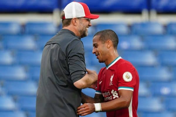 LONDON, ENGLAND - Sunday, September 20, 2020: Liverpool’s manager Jürgen Klopp embraces Thiago Alcantara after the FA Premier League match between Chelsea FC and Liverpool FC at Stamford Bridge. The game was played behind closed doors due to the UK government’s social distancing laws during the Coronavirus COVID-19 Pandemic. Liverpool won 2-0. (Pic by Propaganda)