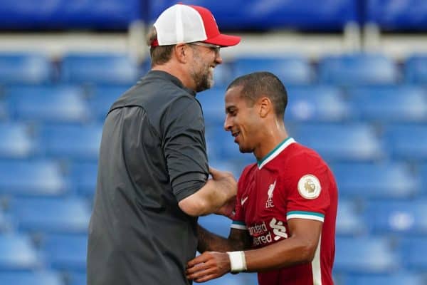 LONDON, ENGLAND - Sunday, September 20, 2020: Liverpool’s manager Jürgen Klopp embraces Thiago Alcantara after the FA Premier League match between Chelsea FC and Liverpool FC at Stamford Bridge. The game was played behind closed doors due to the UK government’s social distancing laws during the Coronavirus COVID-19 Pandemic. Liverpool won 2-0. (Pic by Propaganda)