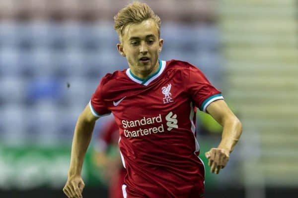 WIGAN, ENGLAND - Tuesday, September 22, 2020: Liverpool's Jake Cain during the EFL Trophy Northern Group D match between Wigan Athletic and Liverpool FC Under-21's at the DW Stadium. Wigan Athletic won 6-1. (Pic by David Rawcliffe/Propaganda)