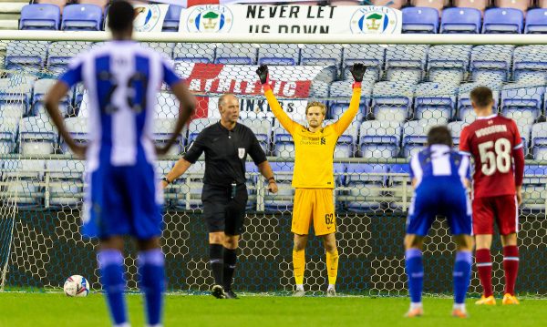 WIGAN, ENGLAND - Tuesday, September 22, 2020: Liverpool's goalkeeper Caoimhin Kelleher prepares to face a penalty-kick during the EFL Trophy Northern Group D match between Wigan Athletic and Liverpool FC Under-21's at the DW Stadium. Wigan Athletic won 6-1. (Pic by David Rawcliffe/Propaganda)