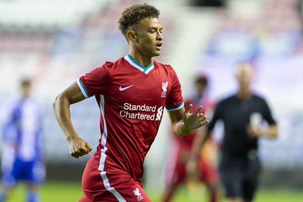 WIGAN, ENGLAND - Tuesday, September 22, 2020: Liverpool's substitute Fidel O'Rourke during the EFL Trophy Northern Group D match between Wigan Athletic and Liverpool FC Under-21's at the DW Stadium. Wigan Athletic won 6-1. (Pic by David Rawcliffe/Propaganda)
