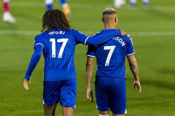 FLEETWOOD, ENGLAND - Wednesday, September 23, 2020: Everton's Alex Iwobi (L) celebrates scoring the third goal with team-mate Richarlison de Andrade during the Football League Cup 3rd Round match between Fleetwood Town FC and Everton FC at Highbury Stadium. Everton won 5-2. (Pic by David Rawcliffe/Propaganda)