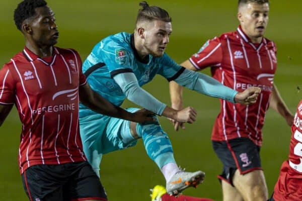 LINCOLN, ENGLAND - Thursday, September 24, 2020: Liverpool's Harvey Elliott shoots during the Football League Cup 3rd Round match between Lincoln City FC and Liverpool FC at Sincil Bank. Liverpool won 7-2. (Pic by David Rawcliffe/Propaganda)