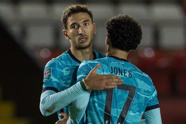 LINCOLN, ENGLAND - Thursday, September 24, 2020: Liverpool's Marko Grujic (L) celebrates scoring the sixth goal with team-mate Curtis Jones during the Football League Cup 3rd Round match between Lincoln City FC and Liverpool FC at Sincil Bank. Liverpool won 7-2. (Pic by David Rawcliffe/Propaganda)