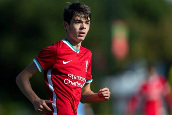 KIRKBY, ENGLAND - Saturday, September 26, 2020: Liverpool's Dominic Corness during the Under-18 Premier League match between Liverpool FC Under-18's and Manchester City FC Under-18's at the Liverpool Academy. Manchester City won 3-1. (Pic by David Rawcliffe/Propaganda)