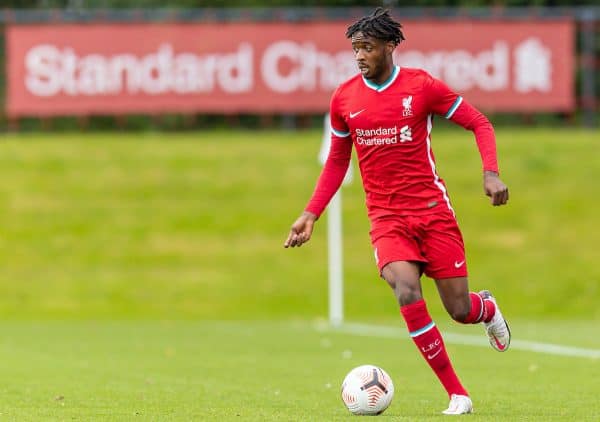 KIRKBY, ENGLAND - Saturday, September 26, 2020: Liverpool's James Balagizi during the Under-18 Premier League match between Liverpool FC Under-18's and Manchester City FC Under-18's at the Liverpool Academy. Manchester City won 3-1. (Pic by David Rawcliffe/Propaganda)