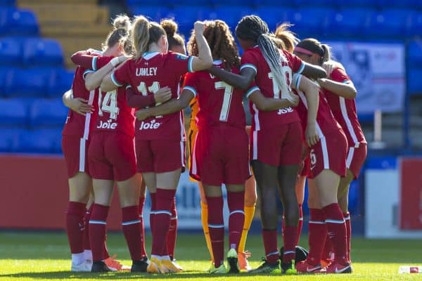 BIRKENHEAD, ENGLAND - Sunday, September 27, 2020: Liverpool players form a pre-match huddle before the FA Women’s Championship game between Liverpool FC Women and Charlton Athletic Women FC at Prenton Park. Liverpool won 4-0. (Pic by David Rawcliffe/Propaganda)