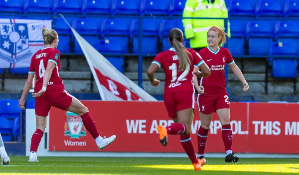 BIRKENHEAD, ENGLAND - Sunday, September 27, 2020: Liverpool's Rachel Furness celebrates after scoring the first goal during the FA Women’s Championship game between Liverpool FC Women and Charlton Athletic Women FC at Prenton Park. Liverpool won 4-0. (Pic by David Rawcliffe/Propaganda)