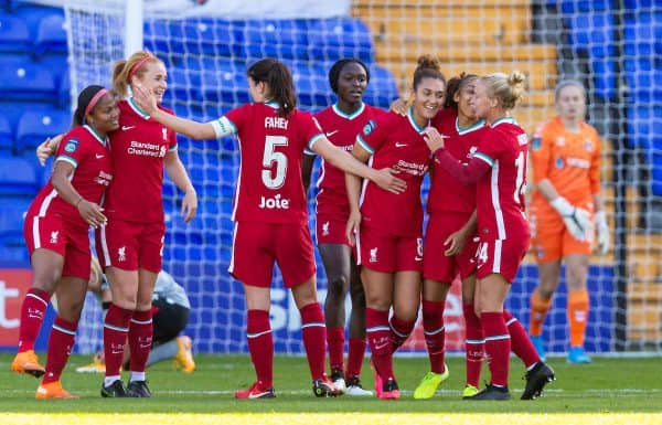 BIRKENHEAD, ENGLAND - Sunday, September 27, 2020: Liverpool's Jade Bailey (3rd from R) celebrates with team-mates after scoring the second goal during the FA Women’s Championship game between Liverpool FC Women and Charlton Athletic Women FC at Prenton Park. Liverpool won 4-0. (Pic by David Rawcliffe/Propaganda)