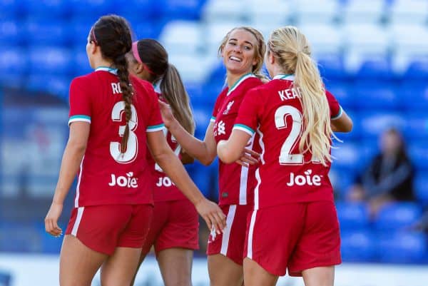 BIRKENHEAD, ENGLAND - Sunday, September 27, 2020: Liverpool's Kirsty Linnett (2nd from R) celebrates scoring the fourth goal during the FA Women’s Championship game between Liverpool FC Women and Charlton Athletic Women FC at Prenton Park. Liverpool won 4-0. (Pic by David Rawcliffe/Propaganda)