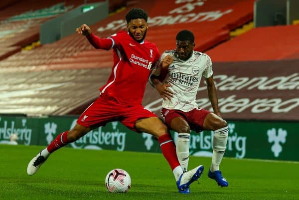 LIVERPOOL, ENGLAND - Monday, September 28, 2020: Liverpool’s Trent Alexander-Arnold during the FA Premier League match between Liverpool FC and Arsenal FC at Anfield. The game was played behind closed doors due to the UK government’s social distancing laws during the Coronavirus COVID-19 Pandemic. Liverpool won 3-1. (Pic by Propaganda)