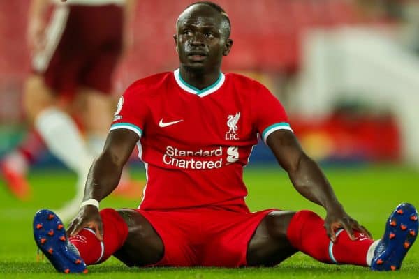 LIVERPOOL, ENGLAND - Monday, September 28, 2020: Liverpool’s Sadio Mané looks dejected after missing a chance during the FA Premier League match between Liverpool FC and Arsenal FC at Anfield. The game was played behind closed doors due to the UK government’s social distancing laws during the Coronavirus COVID-19 Pandemic. Liverpool won 3-1. (Pic by Propaganda)