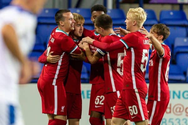 BIRKENHEAD, ENGLAND - Tuesday, September 29, 2020: Liverpool's Jake Cain (2nd from L) celebrates with team-mate after scoring the first goal during the EFL Trophy Northern Group D match between Tranmere Rovers FC and Liverpool FC Under-21's at Prenton Park. Tranmere Rovers won 3-2. (Pic by David Rawcliffe/Propaganda)