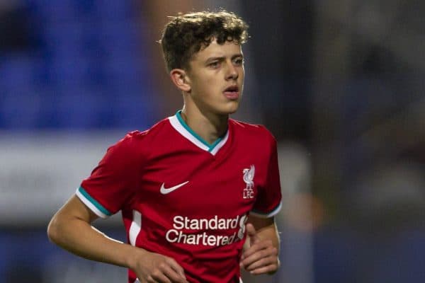 BIRKENHEAD, ENGLAND - Tuesday, September 29, 2020: Liverpool's Owen Beck during the EFL Trophy Northern Group D match between Tranmere Rovers FC and Liverpool FC Under-21's at Prenton Park. Tranmere Rovers won 3-2. (Pic by David Rawcliffe/Propaganda)