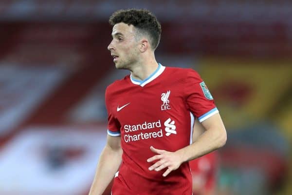 LIVERPOOL, ENGLAND - Thursday, October 1, 2020: Liverpool's Diogo Jota during the Football League Cup 4th Round match between Liverpool FC and Arsenal FC at Anfield. Arsenal won 5-4 on penalties after a goal-less draw. (Pic by Propaganda)