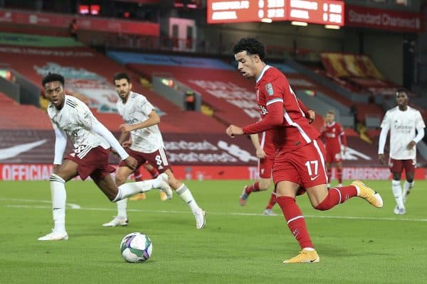 LIVERPOOL, ENGLAND - Thursday, October 1, 2020: Liverpool's Curtis Jones during the Football League Cup 4th Round match between Liverpool FC and Arsenal FC at Anfield. Arsenal won 5-4 on penalties after a goal-less draw. (Pic by Propaganda)